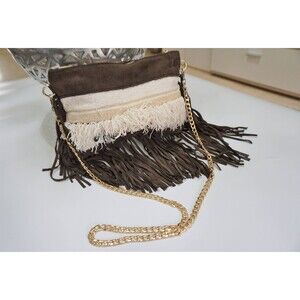 Vintage Moroccan Suede Leather Fringe Bag Crossbody Purse Handira